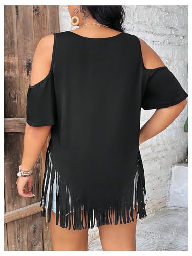 Women's Plus Size Fringe Hem V Neck Tops Short Sleeve Cold Shoulder T Shirts Top2