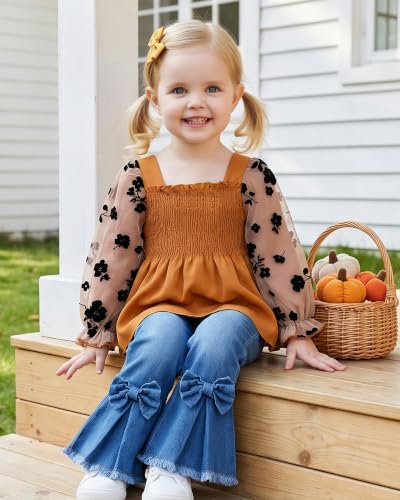 Image of Kucnuzki Toddler Kids Girl Clothes Long Sleeve Shirt Tops Baggy Jeans Cute Pants Set Baby Girl Outfit 2 Piece Clothing