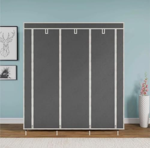 Image of Collapsible Wardrobe Closet for Clothes Storage, 8 Shelf Portable Fabric Almirah, Foldable Clothes Organizer with Plastic Frame, Space Saving Cupboard for Bedroom (Grey)