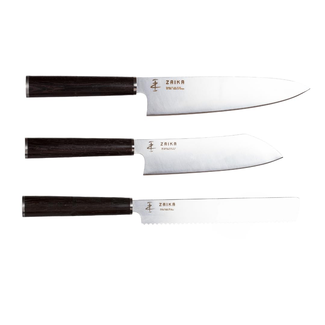Zaika 3'lü Set Şef Bıçakları - Gyutou, Eğri Santoku, Ekmek Bıçağı
