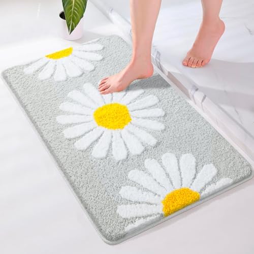 McEu Non Slip Bath Mat Pink 45 x 65 cm, Super Absorbent and Quick Dry Daisy Bathroom Mats, Soft Microfiber Bathroom Rug Machine Washable Bathroom Floor Mats for Bathtub Bedroom Kitchen