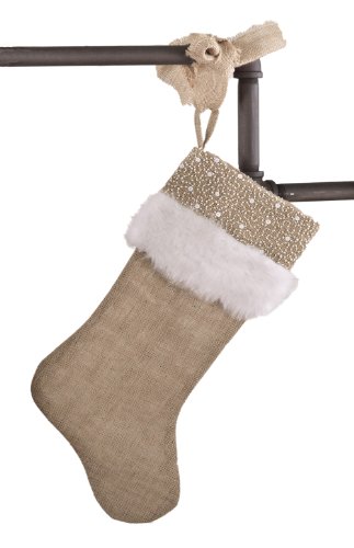 fenncostyles.com Holiday Décor Jute Design Natural Christmas Stocking, One Piece (White Faux Fur and Beads)