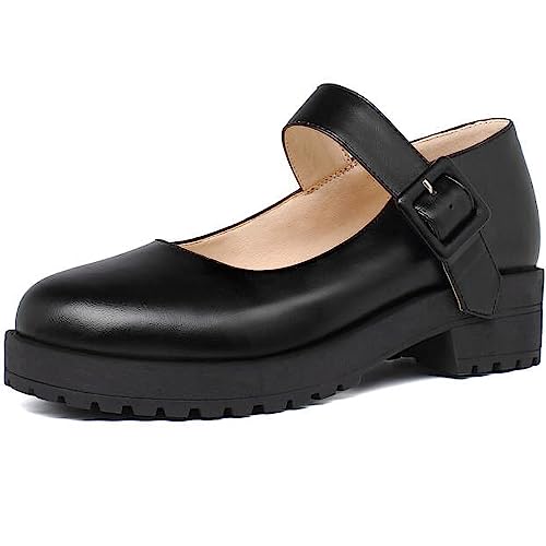 KOKOMOMO Gothic Platform Chunky Mary Janes Round Toe Ankle Strap Pumps Uniform Dress Shoes
