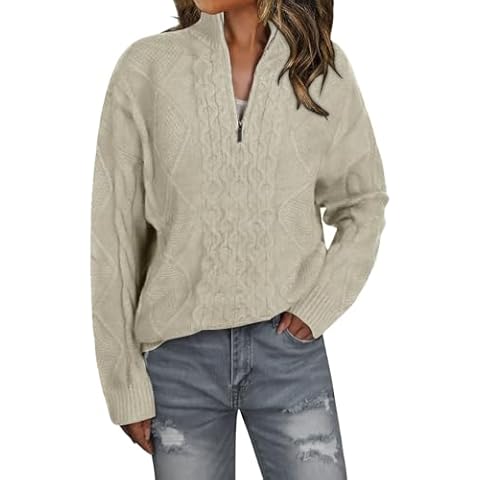 CCTOO Womens Sweaters Long Sleeve 1/4 Zip-Up V-Neck Pullover Comfortable Stretchy Knit for Casual and Dressy Looks Beige M Cover
