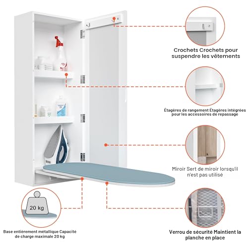 Armoire planche à repasser pliable au mur blanche avec miroir