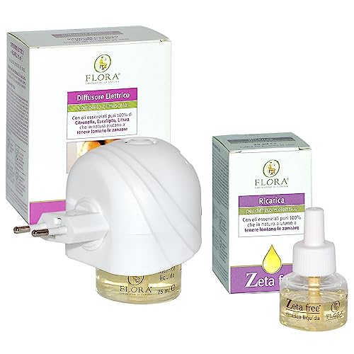 Flora - Zeta Free - Pacchetto Zanzare COMBO - Diffusore Elettrico con Ricarica essenza da 25 ml + Ricarica essenza aggiuntivada 25 ml - in OMAGGIO Saponetta vegetale profumata Florinda da 50 gr