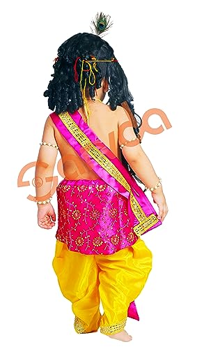 Image of Sarvda Krishna & Radha Dress for Kids - Complete Janmashtami Costume Sets with Dhoti /Lehenga, Mukut, Mor Pankh, Bansuri & Accessories | Fancy Dress for Baby Boys & Girls