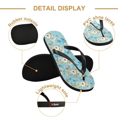 White Floral Blue Flip Flops for Beach Thong Sandals Anti-slip Lightweight Shower Shoes for House Indoor Outdoor3
