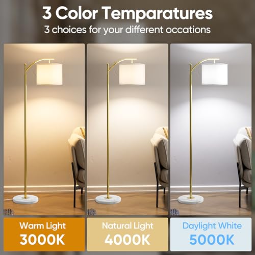 Image of ROTTOGOON Gold Floor Lamp for Living Room with Marble Base, Modern Standing Lamp with 3 Color Temperatures Bulb & Adjustable Linen Shade, Tall Lamp for Bedroom Office Reading Nursery