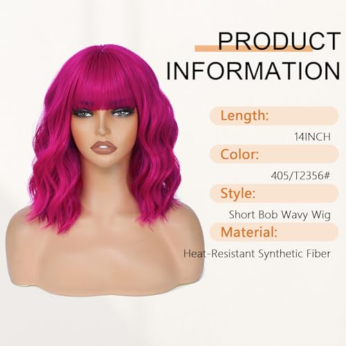 Image of AGO Rose Purple Wavy Wigs with Bangs Pastel Bob Wig Shoulder Length Synthetic Hair for Girl Heat Resistant Fiber Wig for Daily Party Halloween Cosplay Use(405 /T2356#RosePurple)