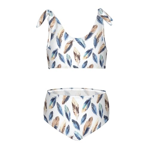 Toddler Girls Bikini Set Blue Feather Swimsuits Kid Bowknot Swimwear 2 Piece Bathing Suit 3-12T