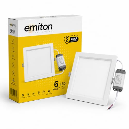 Image of EMITON LED Slim Panel Light | 6W Square Ceiling Panel Lamp | Natural White 4000K | 450Lm LED Output | Aluminium Body | Indoor False Ceiling Light for Home Office Kitchen Bathroom | White
