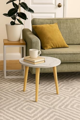 Image of Brown Art SHOPPEE Round Side Table, Small End Table for Living Room, Modern Wood Accent Table Coffee Side Table with Wood Legs for Small Space, Easy Assembly,(12Dx13H Inches) (White)
