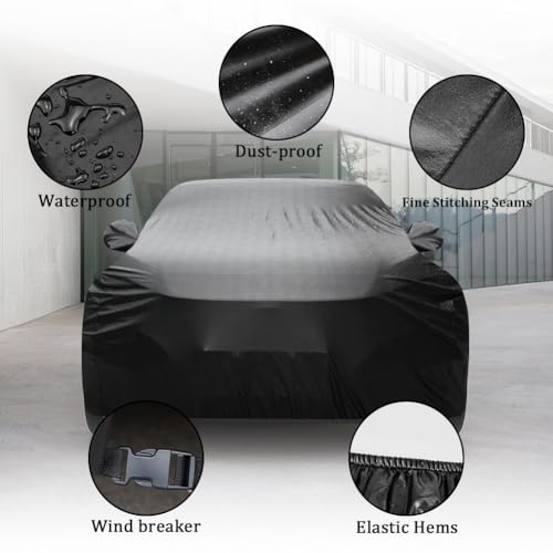 Image of BHIEE Car Cover Waterproof Soft Stretch Full Cover All Weather Protection for Indoor and Outdoor, Underground Garage, Car Showroom, Black, Fit up to 193 inch-208 inch