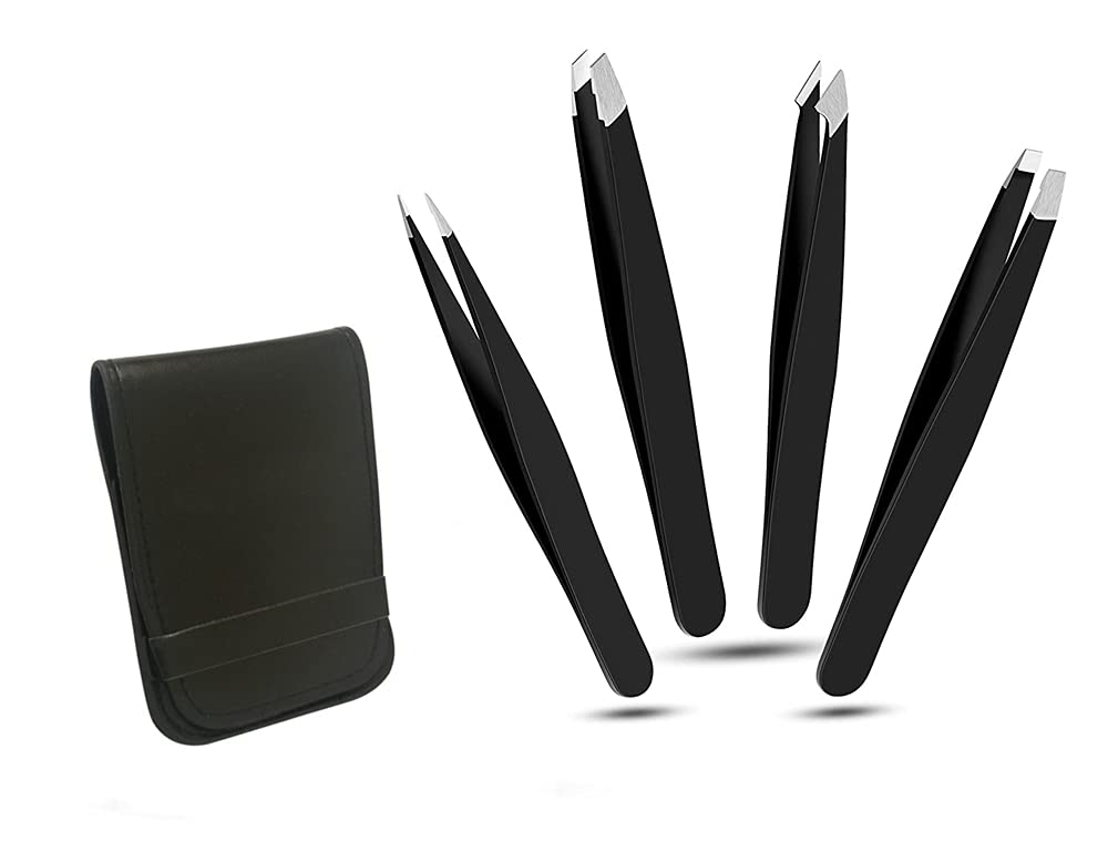 ELECDON Eyebrows Tweezers Set, (Black) 4 Pieces