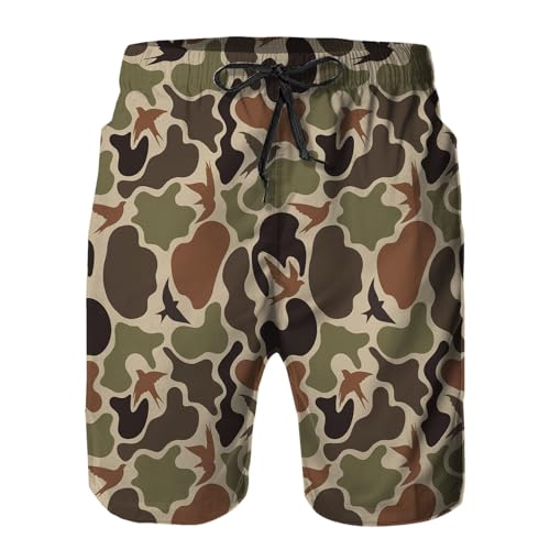 Mens Swim Trunks with Mesh Lining Camo Bird Hunting Brown Quick Dry Swimsuit Board Shorts Beach Pants Swimwear Bathing Suits L