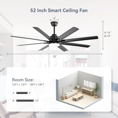 Image of Sofucor 52 Inch Ceiling Fans with Lights, Smart Indoor /Outdoor Ceiling Fan With Remote, Work with Alexa /Google, Quiet Reversible DC Motor, 6-Speed, 8 Blade Black Ceiling Fans for Patio Bedroom Garage