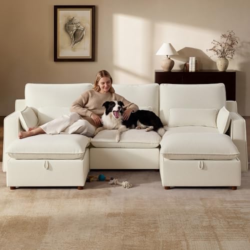 Image of WorthFurni Modern Modular Sectional Sofa,103 inch U Shape Minimalist Couch with Storage Ottoman,Comfty 4 Seat Sofa for Living Room,Beige Chenille