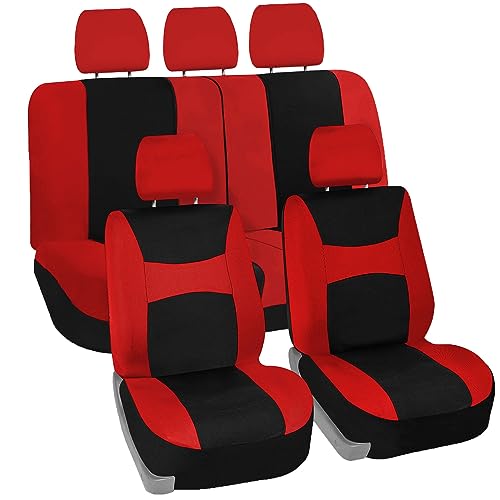 Image of FH Group Universal Car Seat Covers Full Set for SUV Truck Sedan Vans | Waterproof All-Purpose Cloth Seat Cover Set Airbag Compatible Washable Split Bench Protector Interior Upgrade - Red