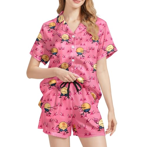 Image of Funny Pajamas for Women Set Print Satin Loungewear Pjs Short Sleeve Button Down Top and Shorts Sets Sleepwear XS-3XL