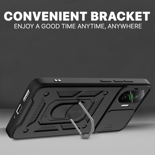 Image of Pikkme Back Cover for Poco F7 5G | D10 Tough Armor | 360 Protection Case | Sliding Camera Shield Cover & Ring Holder Stand Bumper Case (Black)