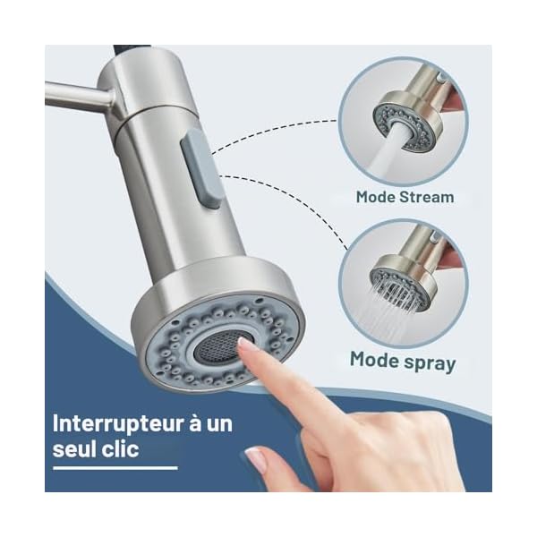JUNSHENG Robinet de cuisine avec douche extractible,Mélangeur de cuisine en acier inoxydable à haute pression pivotant à 360° Monocommande,Nickel Brossé