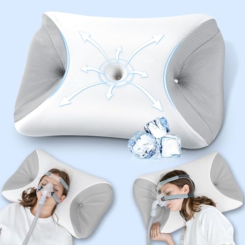 HOMCA Almohada CPAP, Almohada Ortopédica Espuma de Memoria para Todas Las Mascarillas CPAP Que Reduce la Presión de la Mascarilla y Las Fugas de Aire, con Funda Refrescante, 65x40x9/11 cm