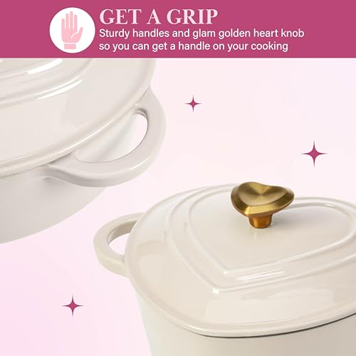 Image of Paris Hilton Enameled Cast Iron Dutch Oven Pot with Lid, Heart-Shaped Dutch Oven, Durable Cast Iron Pot with Dual Handles, Oven Safe to 500F, Works on All Stovetops, 2-Quart, Cream