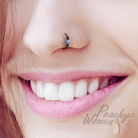 Black Nose Rings With Wrapped Wires + Opals - Image 2