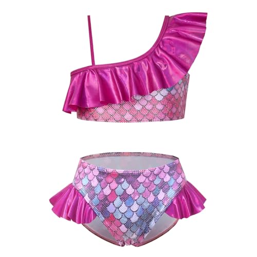 Image of CHILDRENSTAR Girls Metallic Bathing Suits Shiny Ruffles One Shoulder 2 Pieces Swimsuits Cute Bikini Set