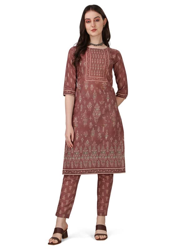 Audace Fashion Women's Cotton Blend Straight Printed Kurta with Pant | Medium | Broen Brown
