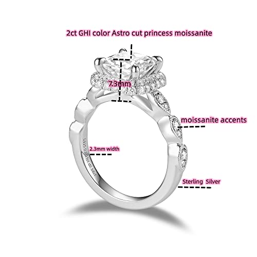 Doveggs Moissanite Engagement Rings For Women 2Carat Center 7X7Mm Ghi Color Princess Astro Cut Moissanite Halo Lab Created Diamond Moissanite Ring With Accents 14K Gold Quality Sterling Silver(7.5) #TOP1