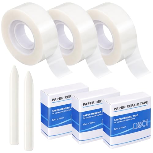 FunooFuno 3 Rolls Archival Document Repair Tape Kit Book Repair Acid-Free Tape with 2 Paper Creasers Bone Folder Tool for Maps Bible Page Ephemera Photos Printed Artwork(White,0.7 in X 105 ft)