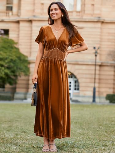 Simplee Women's Short Sleeve Velvet Maxi Dress V Neck Empire Waist Long Formal Wedding Guest Dresses2