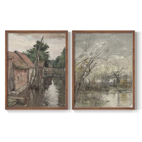 Renditions Gallery Set of 2 Peel & Stick Framed Prints, Abstract Landscape Wall Art, Riverside Cottage In Woodland Wall Decor, Re-Stickable - Ready to Hang - 11"x14" - Walnut Frame GAL048