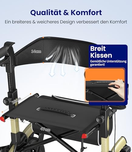 VOCIC Rollator Faltbar und Leicht mit Sitz,Outdoor Rollator mit Gummi-Nonluftbereifung für Allen Gelände,Aluminium Höhenverstellbare Rollatoren für Draußen&Langlauf&Reisen,Champagner(5 Jahre Support)