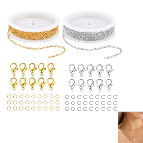 Kit Complet de Fabrication de Bijoux: 2 Rouleaux de 3m de Chaîne à Maillons en Acier Inoxydable Argenté et Doré, avec 100 Anneaux et 20 Fermoirs...