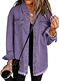 DokotooWomens Fashion Jean Jacket Frayed Washed Button Down Distressed Denim Tops Oversized Casual Spring Fall Outfits Jackets Long Sleeve Shirts Boyfriend Jeans Shacket Jackets for Women Purple XXL