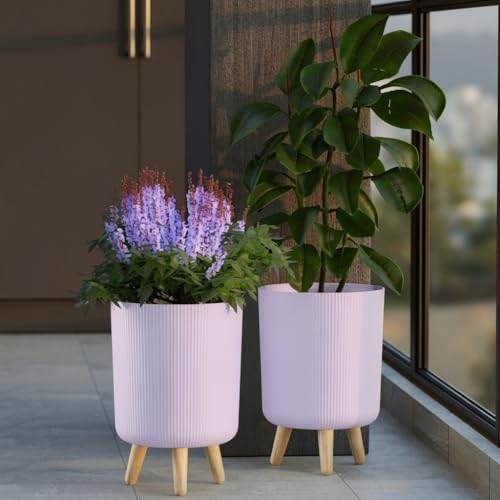 Image of StyleX Store Modern Flower Pot with Plastic Legs | Indoor Outdoor Planter for Home Garden Balcony Decor Ribbed Design Sturdy Plastic Mid-Century Style (Lavender Pack of 2)