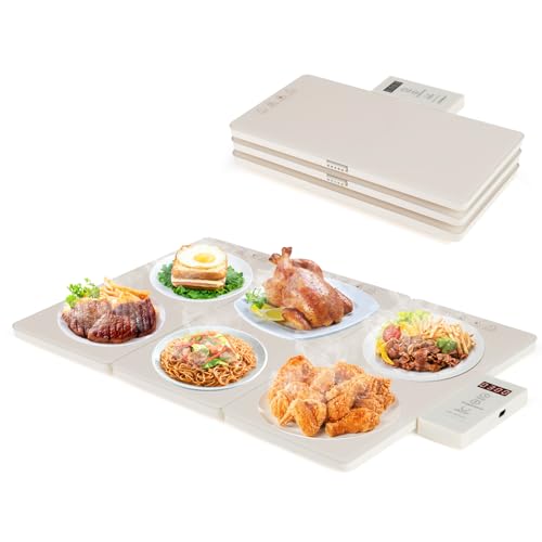 COSTWAY Large Electric Warming Tray, Foldable Food Warming Mat with 6 Timers, 8 Temperature Settings & Tempered Glass Plates, Full Surface Heating Food Warmer for Buffet Party, 67 × 40 x 2.5cm