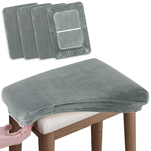 Image of SINOSSO Vanity Stool Covers Set of 4, Super Soft Velvet Stretch Washable Saddle Bar Stool Slipcover Bench Seat Protector, (Rectangle, Dark Grey, 4 Counts)