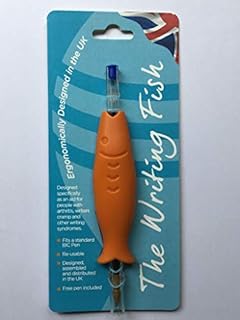 Penline THE WRITING FISH. Grip ergonomically designed in the UK as an aid for people with arthritis, grip difficulties, writers cramp and other writing syndromes. Blue ink