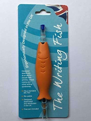 THE WRITING FISH. Grip ergonomically designed in the UK as an aid for people with arthritis, grip difficulties, writers cramp and other writing syndromes. Blue ink