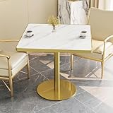31.5'' Square Modern Dinning Table with Sintered Stone Tabletop, Golden Edge & Pedestal Base, Bistro Tulip Table for 2-4 Person for Dining Room/Cafe/Small Spaces/Restaurant (Snow Peak Marble)