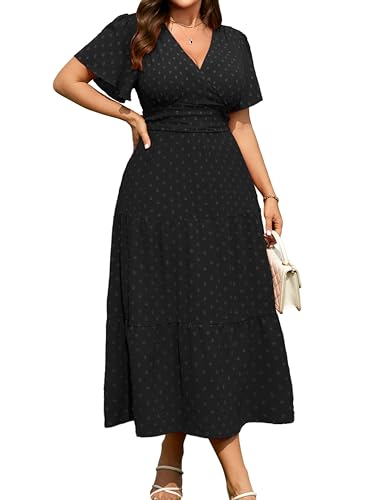 RWJ Women's Plus Size Wrap Dress V Neck Summer Short Sleeve Black XX-Large