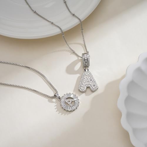 Initial Letter Necklace for Women 14k White Gold Silver Plated Dainty Necklaces Trendy Chunky Custom Layered Necklace Set Personalized Round Circle Zirconia A-Z Letter Chain Pendant Jewelry Gift3