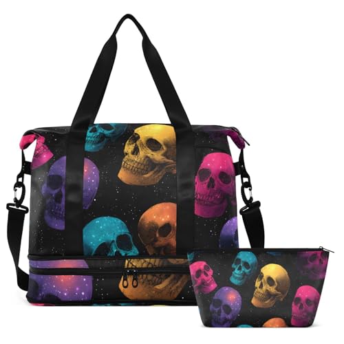 ALAZA Sports Duffel Bags with Toiletry Bag Set,Color Of Nebula Skull Head Pattern Travel Duffel Bags Multi Pockets Weekend Bag