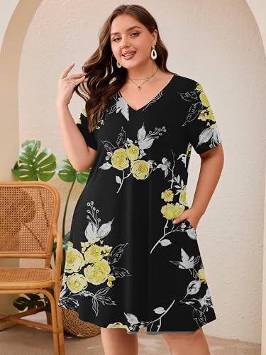 AusLook Plus Size Midi Dress for Women Black Golden Floral 3X Short Sleeve Loose V Neck Summer Casual A Line Knee Length Work Outfit T Shirt 2026 Sundresses with Pockets — view 2