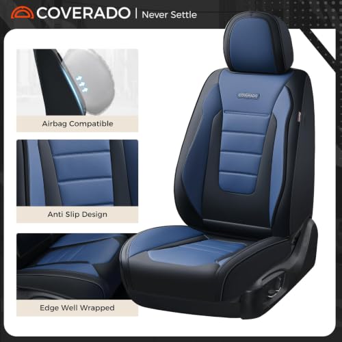 Image of Coverado Car Seat Covers Front, Seat Covers for Cars, Waterproof 2-Pack Car Seat Cushions, Leather Carseat Seat Protectors, Universal Seat Covers Fit for Most Sedans SUV Pick-up Trucks(Black&Blue)