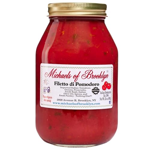 Image of Michaels of Brooklyn Filetto Di Pomodoro Tomato Sauce, 32 oz Jar - Non-GMO, Gluten-Free Italian Pasta Sauce with Prosciutto, Imported Tomatoes, Fresh Basil & Olive Oil - For Pasta and Braised Dishes
